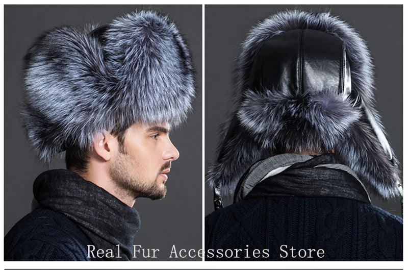 Premium Real Fox Fur Bomber Hat for Men – Winter Warmth, Sheepskin Leather, Adjustable Size