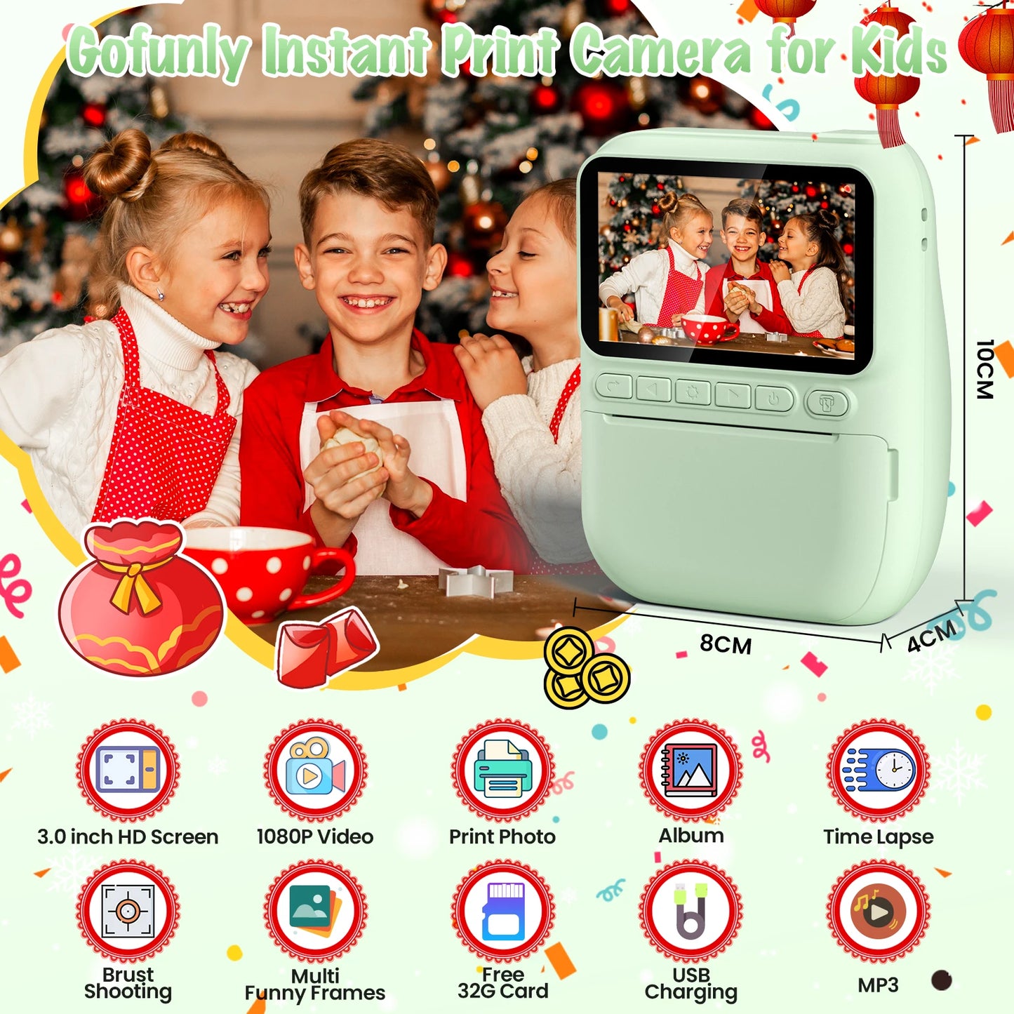 Kids Instant Print Camera – 32MP HD Digital Camera with 3-Inch LCD, 1080P Video, and Creative DIY Features