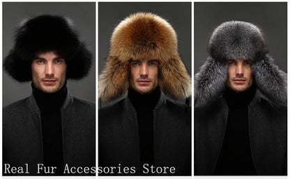 Premium Real Fox Fur Bomber Hat for Men – Winter Warmth, Sheepskin Leather, Adjustable Size