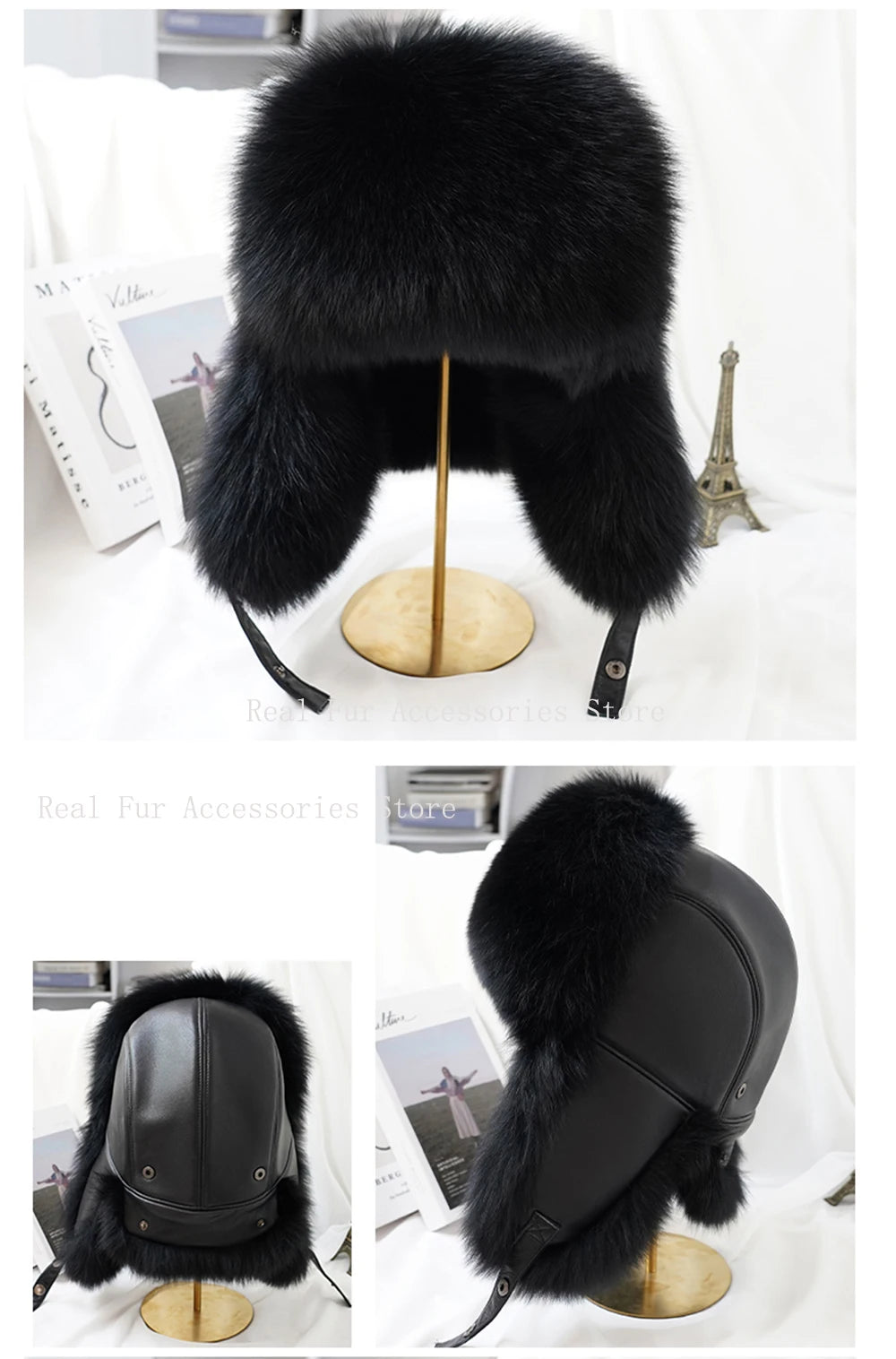 Premium Real Fox Fur Bomber Hat for Men – Winter Warmth, Sheepskin Leather, Adjustable Size