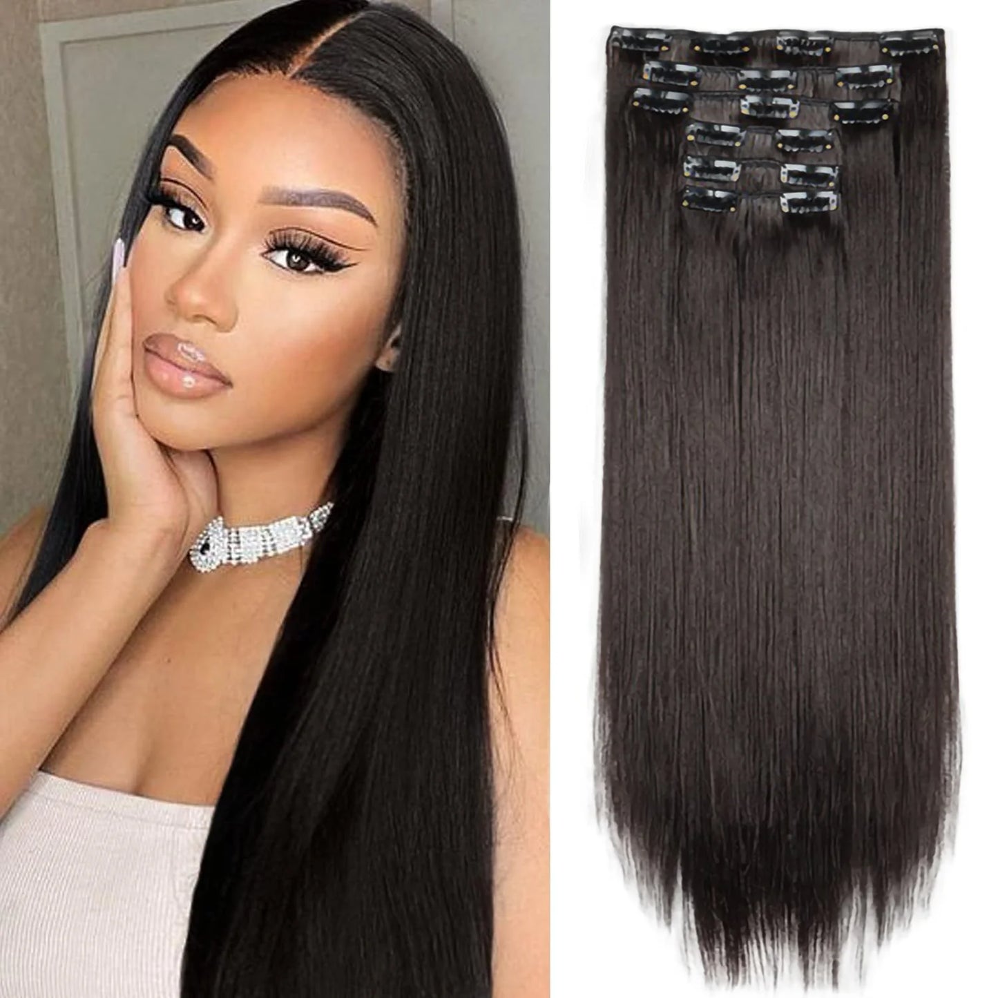 24" Synthetic Clip-In Hair Extensions, 6PCS Set for Volume and Length