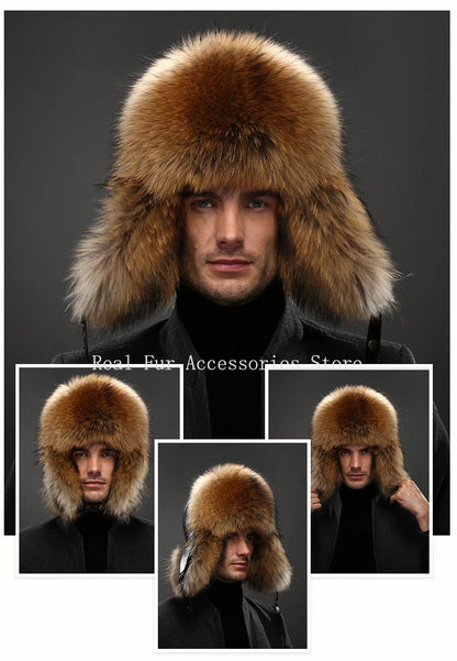 Premium Real Fox Fur Bomber Hat for Men – Winter Warmth, Sheepskin Leather, Adjustable Size