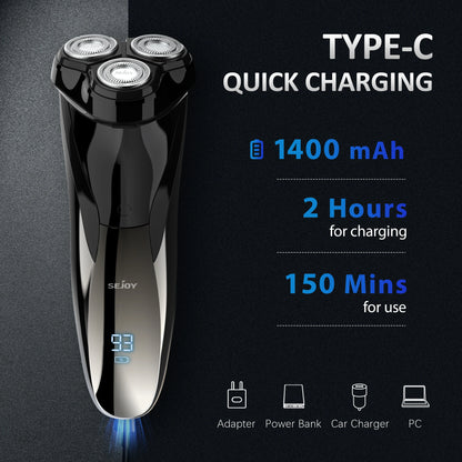 3D Rotary Electric Shaver for Men, Wet and Dry Shaving, USB Rechargeable, IPX7 Waterproof with Trimmer