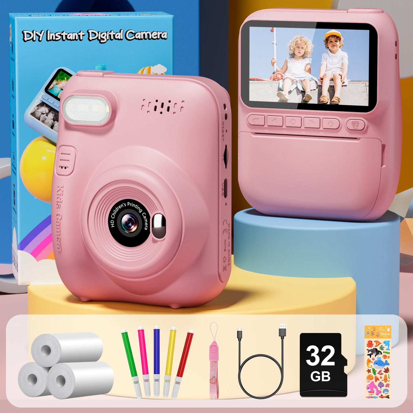 Kids Instant Print Camera – 32MP HD Digital Camera with 3-Inch LCD, 1080P Video, and Creative DIY Features