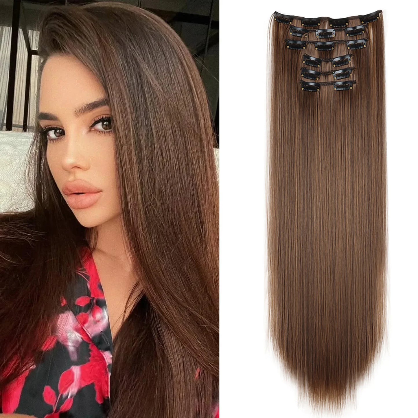 24" Synthetic Clip-In Hair Extensions, 6PCS Set for Volume and Length