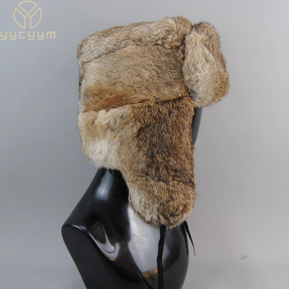 Men's Real Rabbit Fur Bomber Hat – Winter Warmth, Outdoor Essential, Adjustable Size