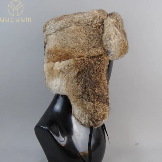 Men's Real Rabbit Fur Bomber Hat – Winter Warmth, Outdoor Essential, Adjustable Size