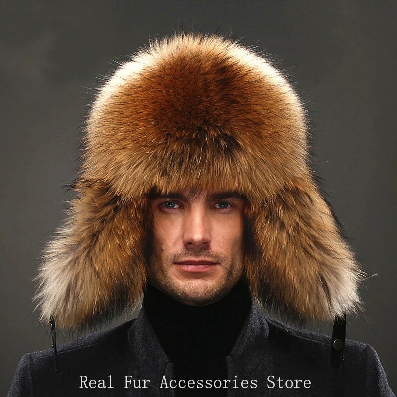 Premium Real Fox Fur Bomber Hat for Men – Winter Warmth, Sheepskin Leather, Adjustable Size