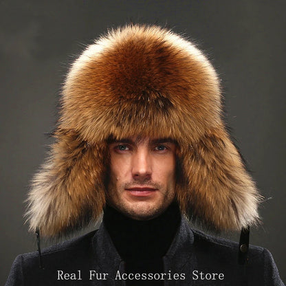 Premium Real Fox Fur Bomber Hat for Men – Winter Warmth, Sheepskin Leather, Adjustable Size