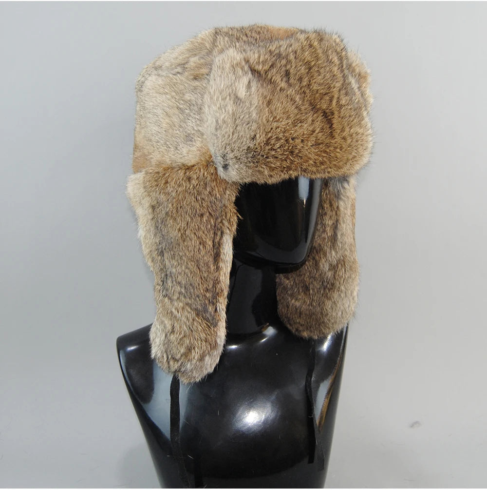 Men's Real Rabbit Fur Bomber Hat – Winter Warmth, Outdoor Essential, Adjustable Size