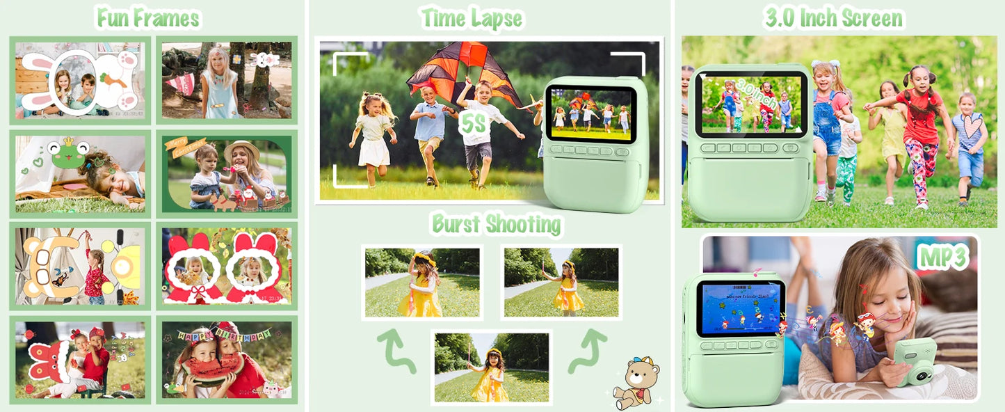 Kids Instant Print Camera – 32MP HD Digital Camera with 3-Inch LCD, 1080P Video, and Creative DIY Features