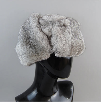 Men's Real Rabbit Fur Bomber Hat – Winter Warmth, Outdoor Essential, Adjustable Size