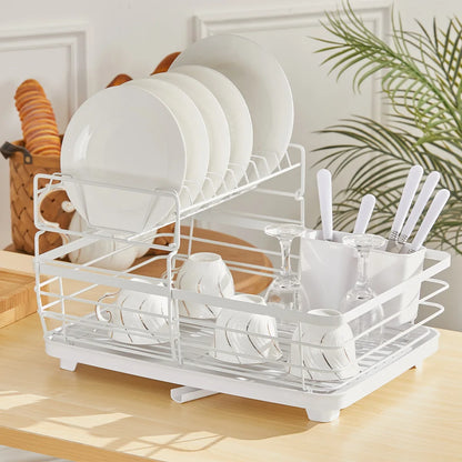 2-Tier Metal Dish Drying Rack with Drainage System – White