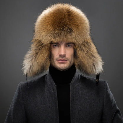 Premium Real Fox Fur Bomber Hat for Men – Winter Warmth, Sheepskin Leather, Adjustable Size