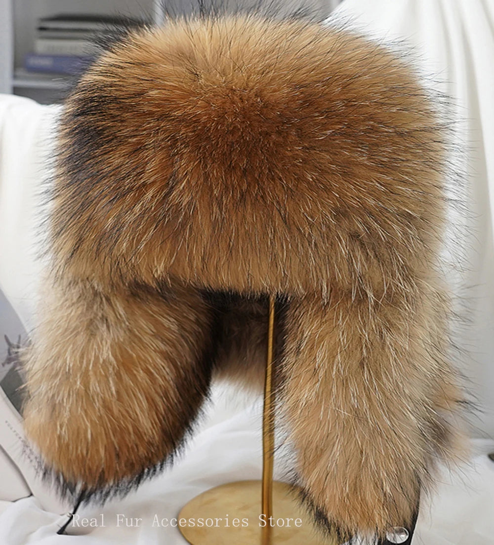 Premium Real Fox Fur Bomber Hat for Men – Winter Warmth, Sheepskin Leather, Adjustable Size