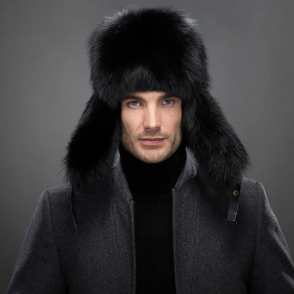 Premium Real Fox Fur Bomber Hat for Men – Winter Warmth, Sheepskin Leather, Adjustable Size