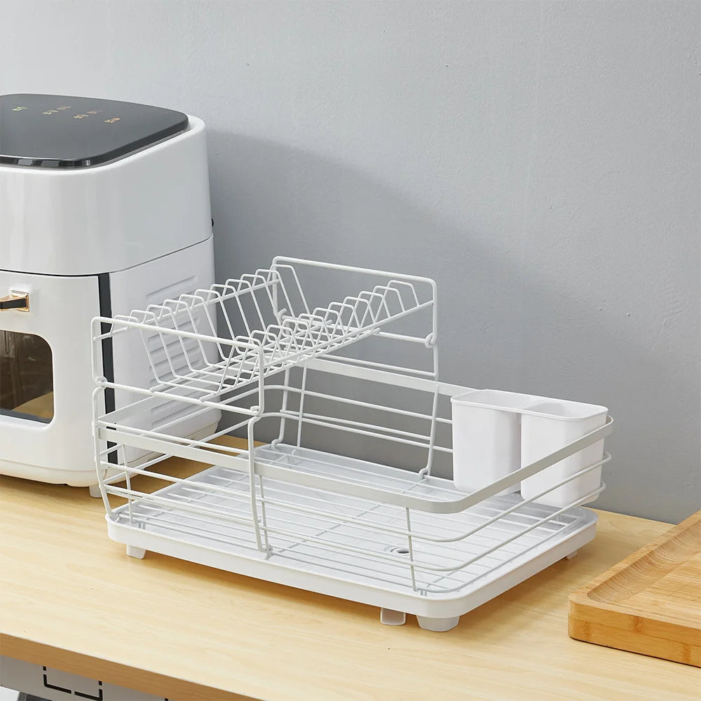 2-Tier Metal Dish Drying Rack with Drainage System – White