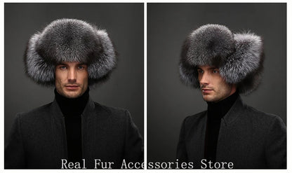 Premium Real Fox Fur Bomber Hat for Men – Winter Warmth, Sheepskin Leather, Adjustable Size