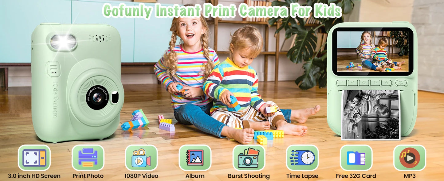 Kids Instant Print Camera – 32MP HD Digital Camera with 3-Inch LCD, 1080P Video, and Creative DIY Features