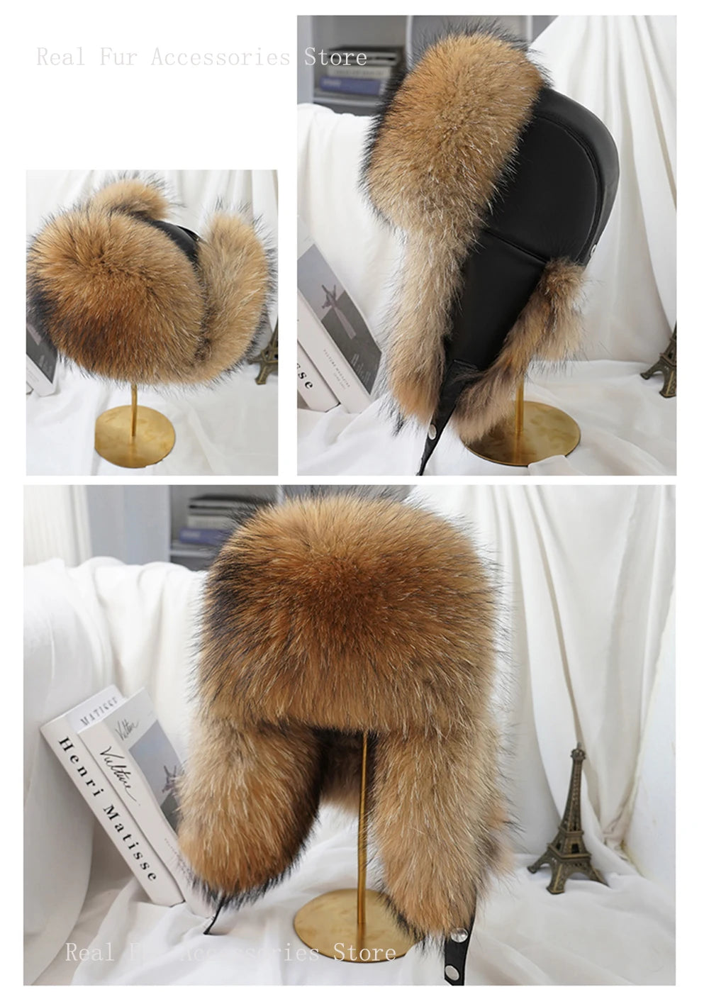 Premium Real Fox Fur Bomber Hat for Men – Winter Warmth, Sheepskin Leather, Adjustable Size