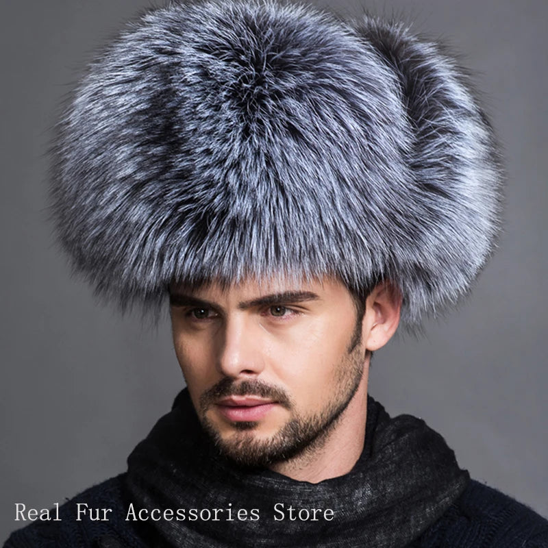 Premium Real Fox Fur Bomber Hat for Men – Winter Warmth, Sheepskin Leather, Adjustable Size