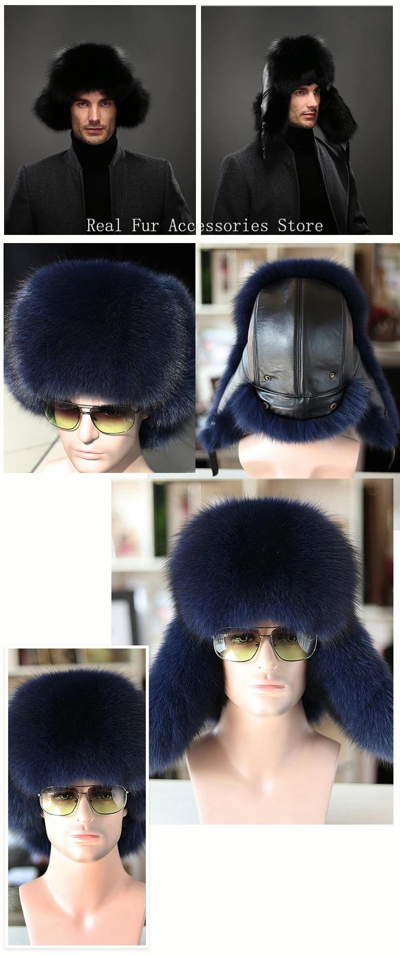 Premium Real Fox Fur Bomber Hat for Men – Winter Warmth, Sheepskin Leather, Adjustable Size