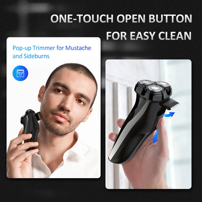 3D Rotary Electric Shaver for Men, Wet and Dry Shaving, USB Rechargeable, IPX7 Waterproof with Trimmer