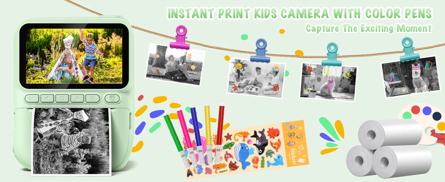 Kids Instant Print Camera – 32MP HD Digital Camera with 3-Inch LCD, 1080P Video, and Creative DIY Features