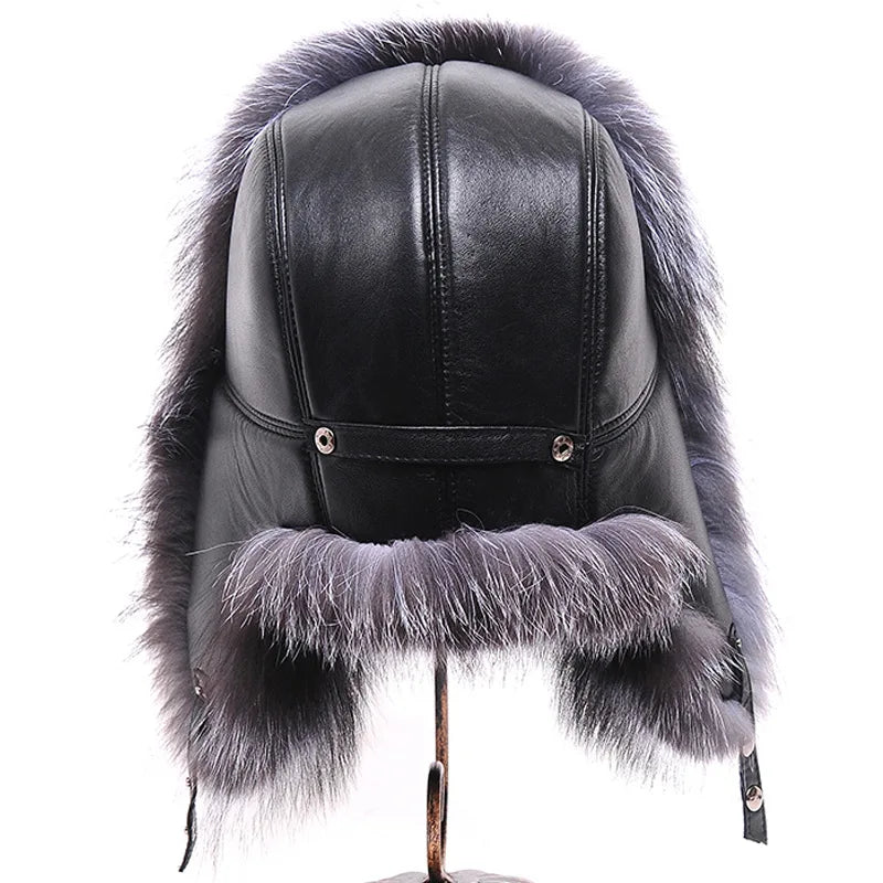 Premium Real Fox Fur Bomber Hat for Men – Winter Warmth, Sheepskin Leather, Adjustable Size