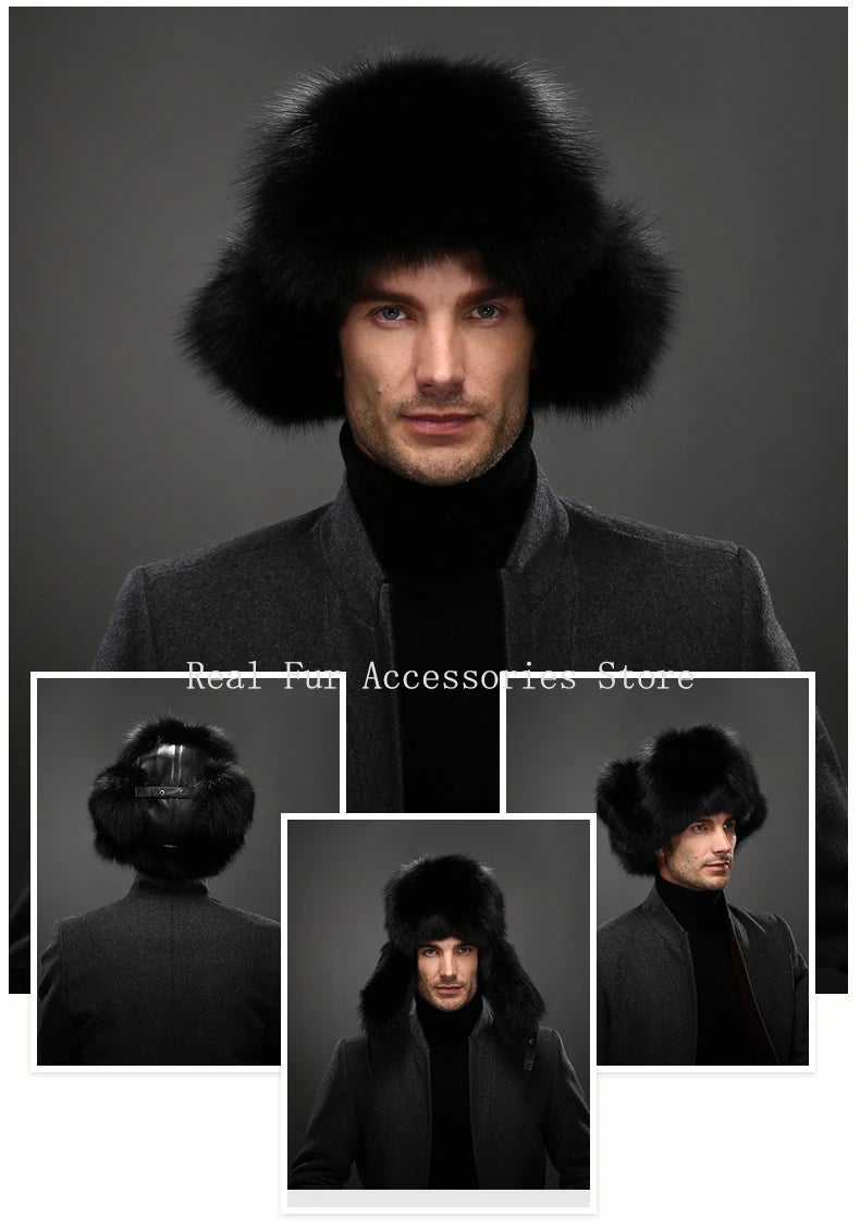 Premium Real Fox Fur Bomber Hat for Men – Winter Warmth, Sheepskin Leather, Adjustable Size