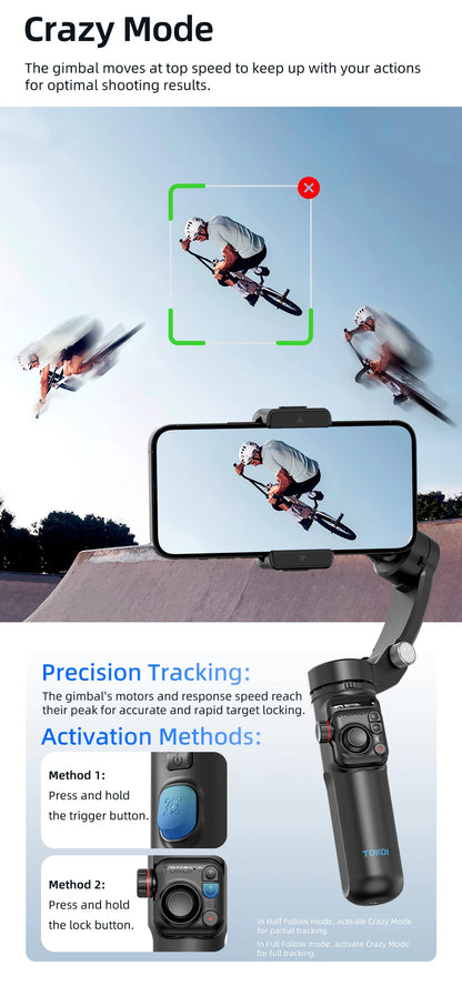 3-Axis Handheld Smartphone Gimbal Stabilizer – Anti-Shake Video Recording, Face Tracking, Tripod, and Gesture Control