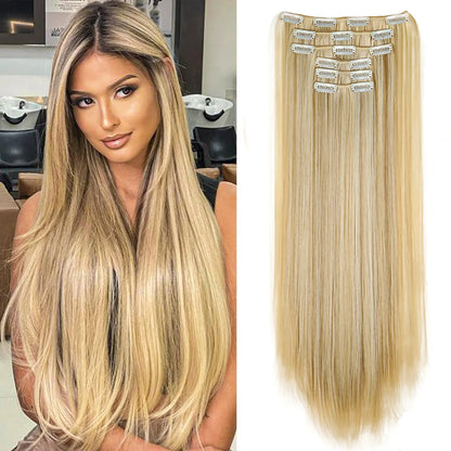 24" Synthetic Clip-In Hair Extensions, 6PCS Set for Volume and Length