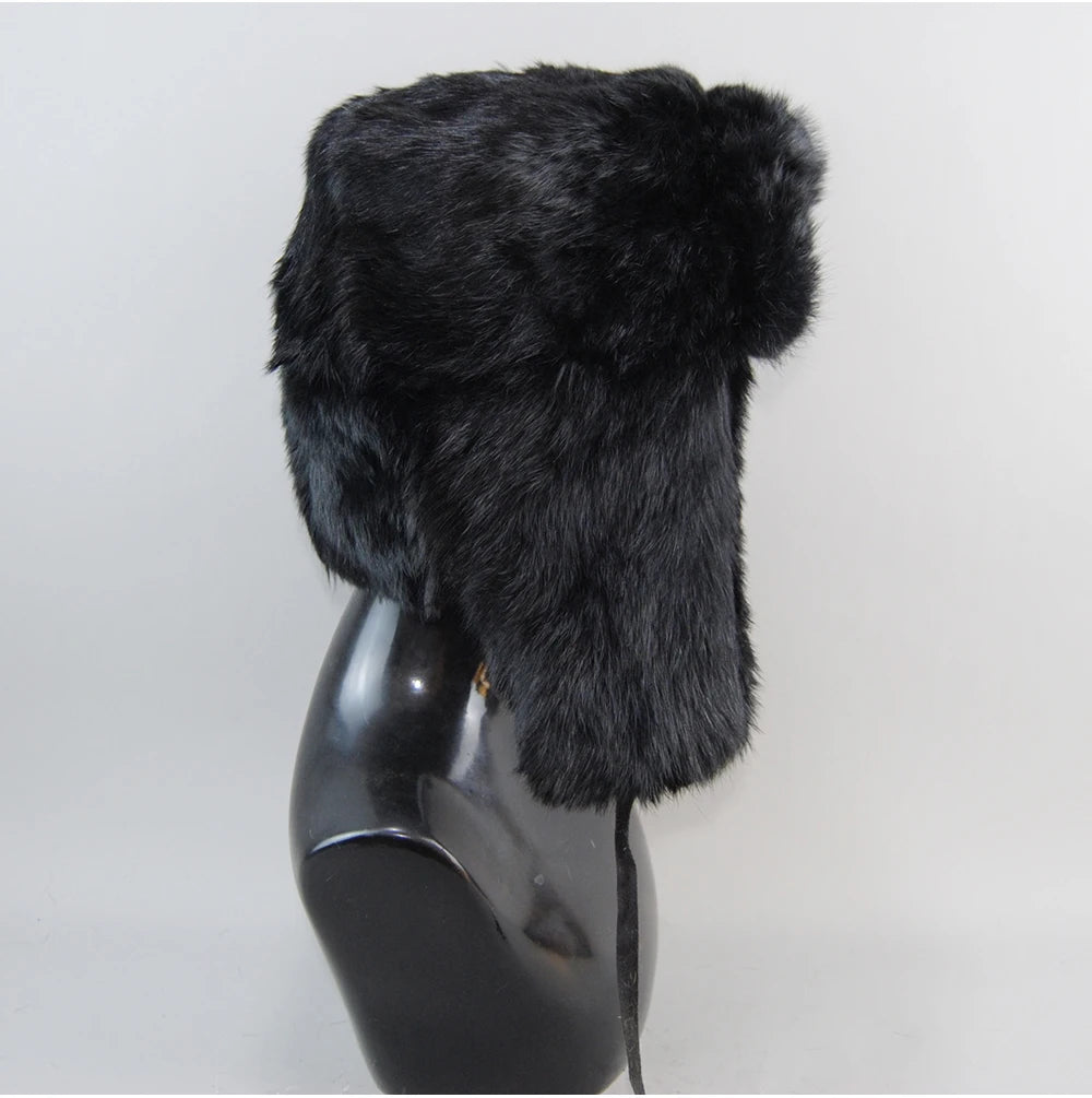 Men's Real Rabbit Fur Bomber Hat – Winter Warmth, Outdoor Essential, Adjustable Size