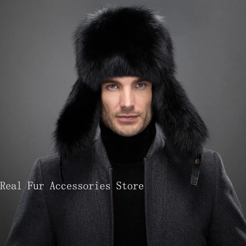 Premium Real Fox Fur Bomber Hat for Men – Winter Warmth, Sheepskin Leather, Adjustable Size