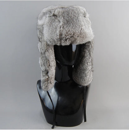 Men's Real Rabbit Fur Bomber Hat – Winter Warmth, Outdoor Essential, Adjustable Size