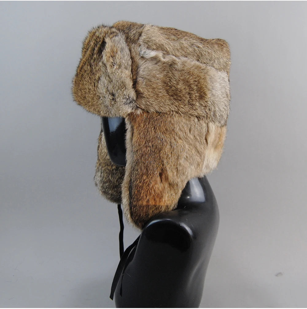 Men's Real Rabbit Fur Bomber Hat – Winter Warmth, Outdoor Essential, Adjustable Size