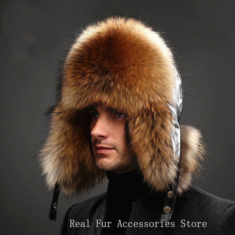 Premium Real Fox Fur Bomber Hat for Men – Winter Warmth, Sheepskin Leather, Adjustable Size