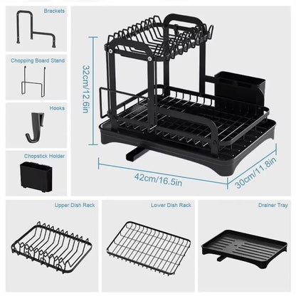 2-Tier Dish Drying Rack with Drainboard – Kitchen Countertop Dish Drainer Organizer