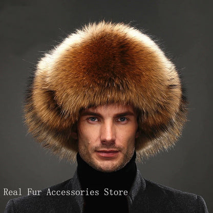 Premium Real Fox Fur Bomber Hat for Men – Winter Warmth, Sheepskin Leather, Adjustable Size