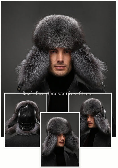 Premium Real Fox Fur Bomber Hat for Men – Winter Warmth, Sheepskin Leather, Adjustable Size