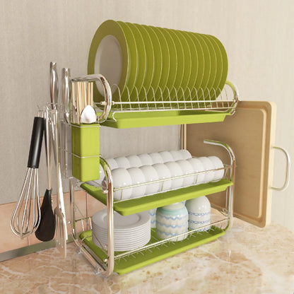 3-Tier Kitchen Dish Drying Rack with Utensil and Cutting Board Storage – Green