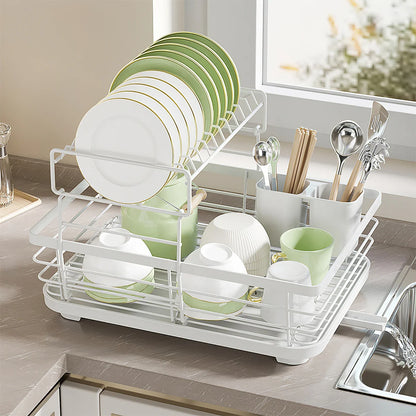 2-Tier Metal Dish Drying Rack with Drainage System – White