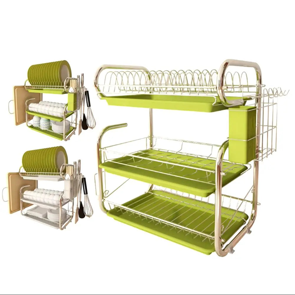 3-Tier Kitchen Dish Drying Rack with Utensil and Cutting Board Storage – Green