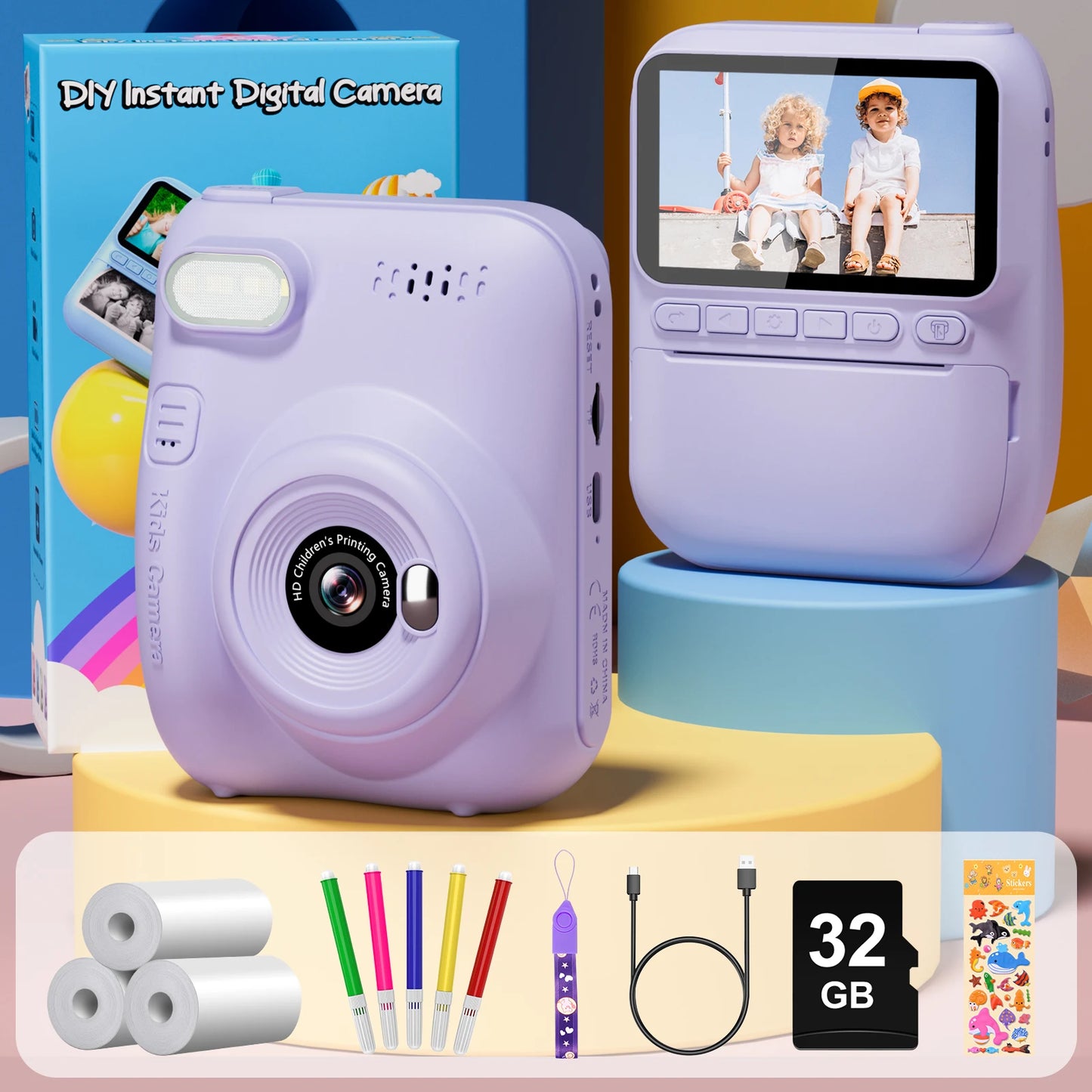 Kids Instant Print Camera – 32MP HD Digital Camera with 3-Inch LCD, 1080P Video, and Creative DIY Features