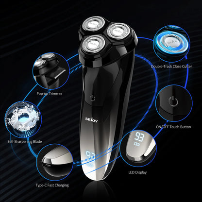 3D Rotary Electric Shaver for Men, Wet and Dry Shaving, USB Rechargeable, IPX7 Waterproof with Trimmer