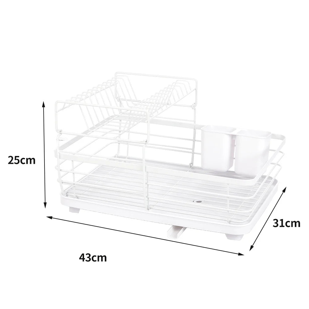 2-Tier Metal Dish Drying Rack with Drainage System – White