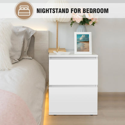 2 Drawer Wooden Nightstand – Modern Minimalist Bedside Cabinet, White