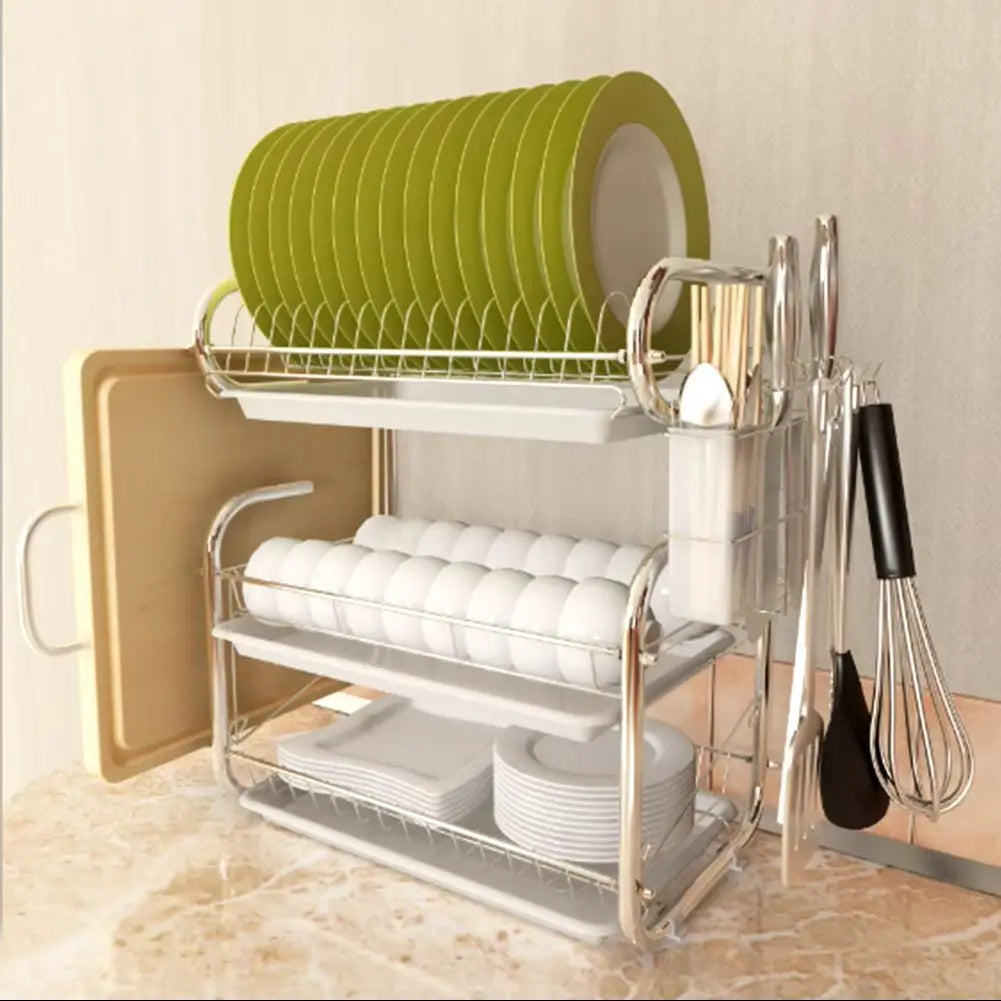 3-Tier Kitchen Dish Drying Rack with Utensil and Cutting Board Storage – Green