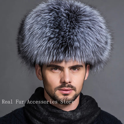 Premium Real Fox Fur Bomber Hat for Men – Winter Warmth, Sheepskin Leather, Adjustable Size