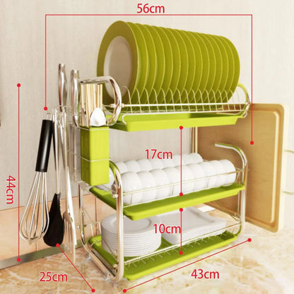 3-Tier Kitchen Dish Drying Rack with Utensil and Cutting Board Storage – Green